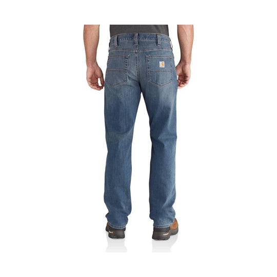 Blue straight-leg jeans shown from the back with five-pocket styling and a small Carhartt label on the pocket.