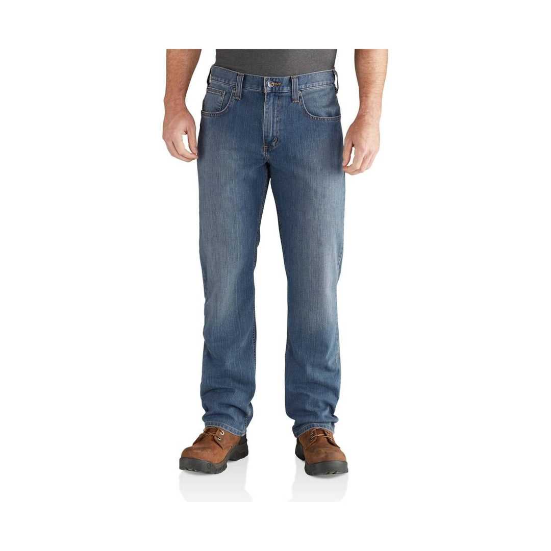 Blue straight-leg jeans with a relaxed fit, five-pocket styling, and brown work boots