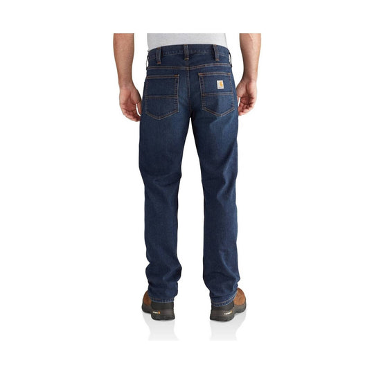 Dark blue straight-leg jeans shown from the back