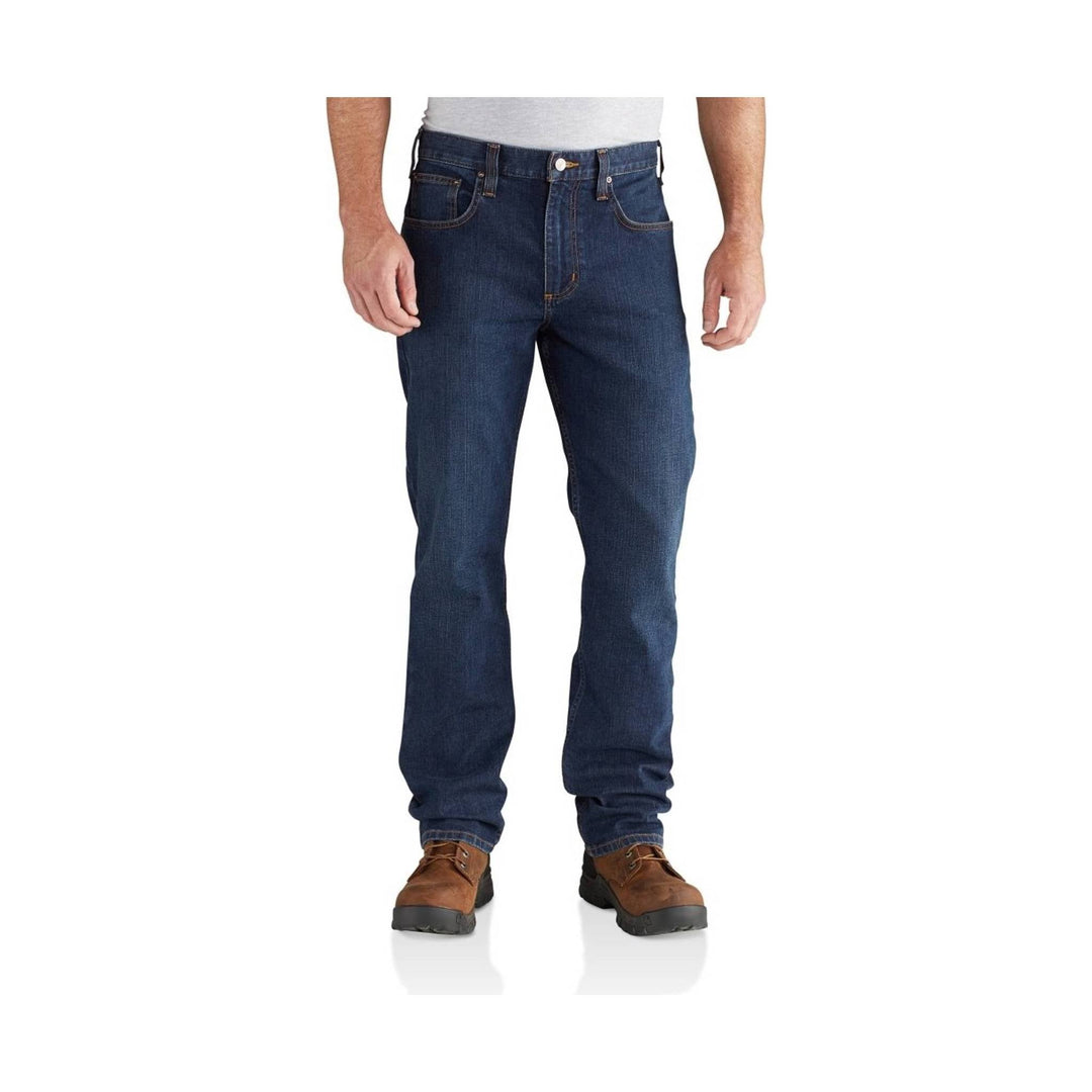 Dark blue straight-leg jeans with brown work boots on a white background