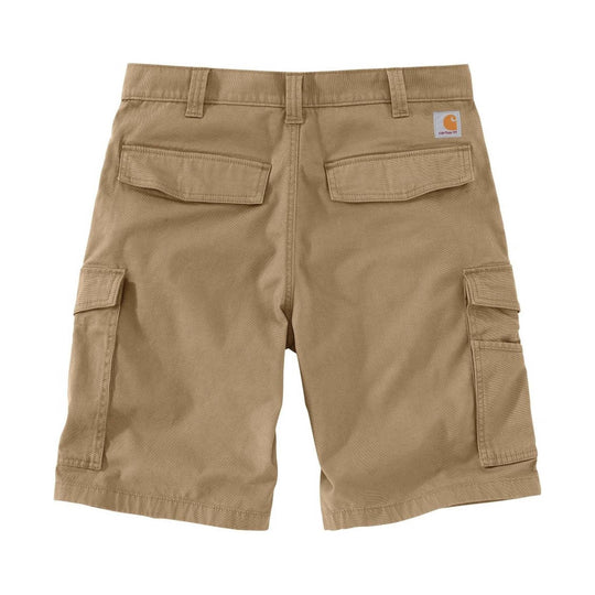Tan cargo shorts with front and side flap pockets