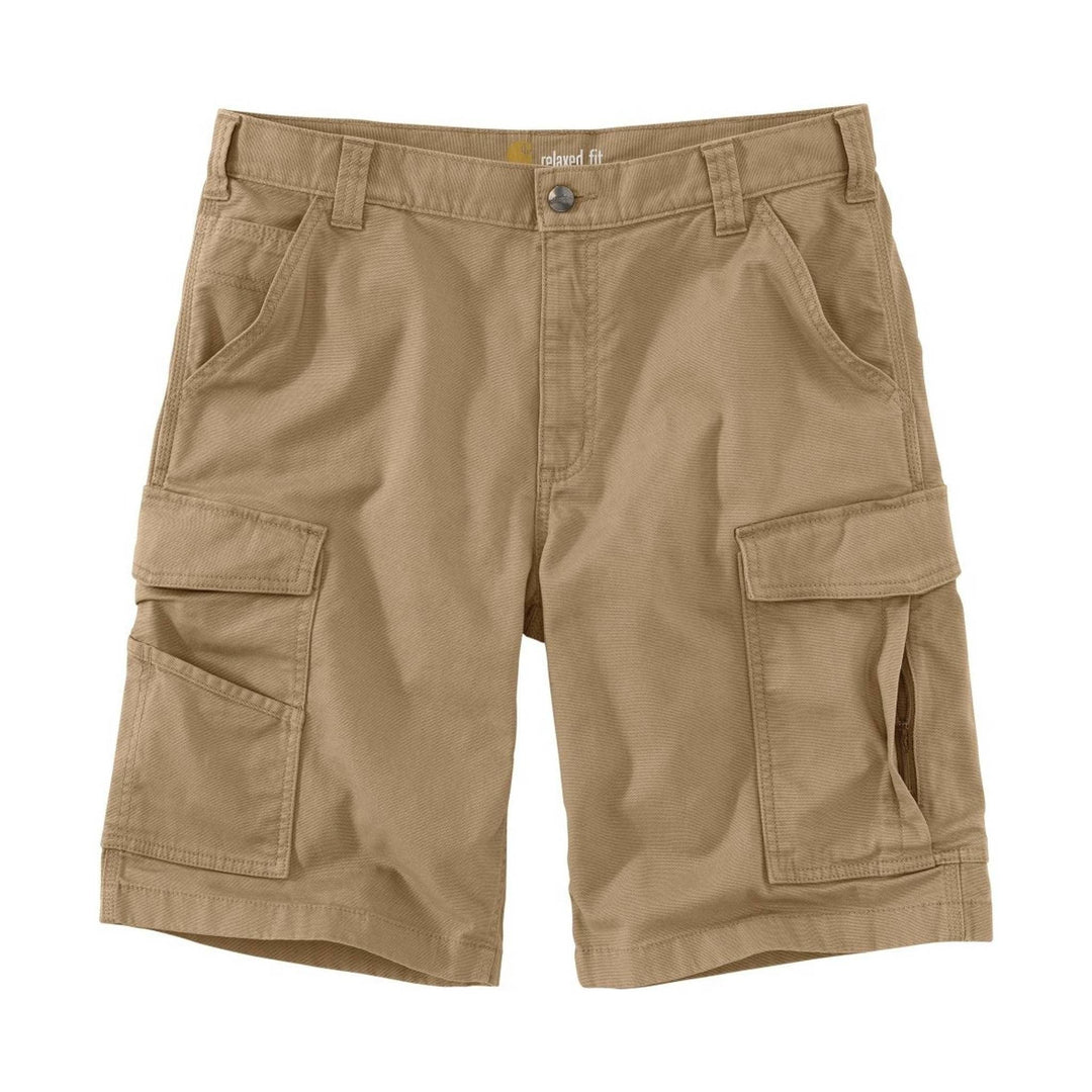 Khaki cargo shorts with multiple flap and zip pockets
