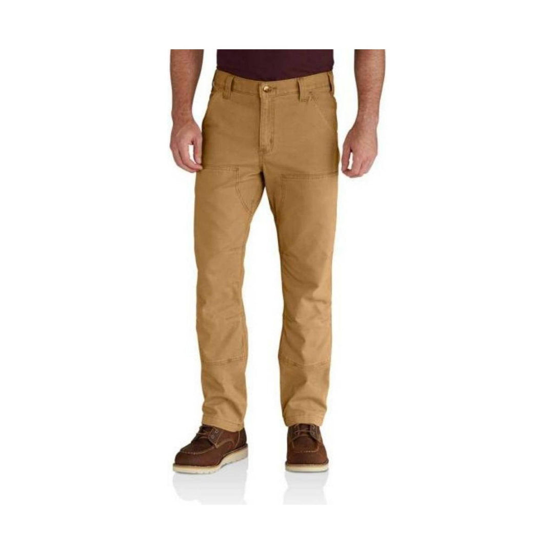 Tan work pants with reinforced front panels, front pockets, and a straight leg