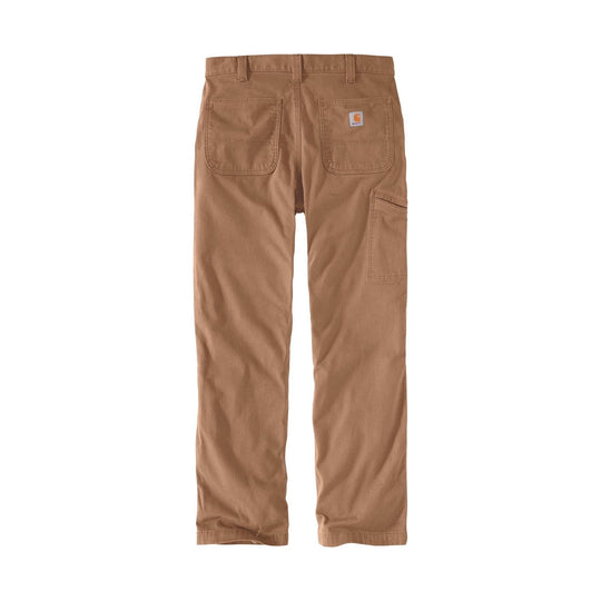 Tan work pants with back patch pockets, side cargo pocket, and a Carhartt logo patch