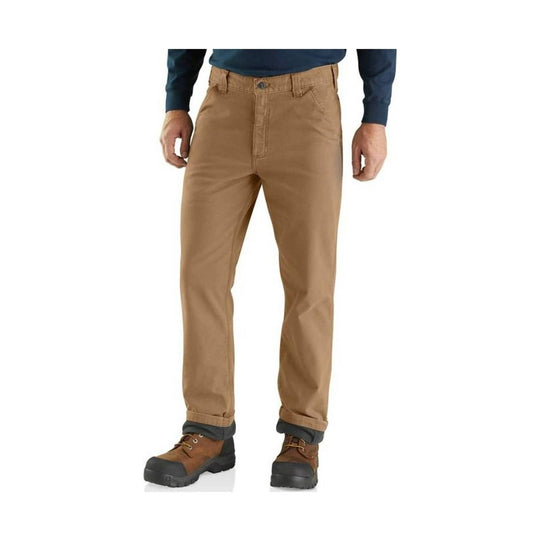 Tan straight-leg work pants with a knit cuff hem, shown with brown work boots