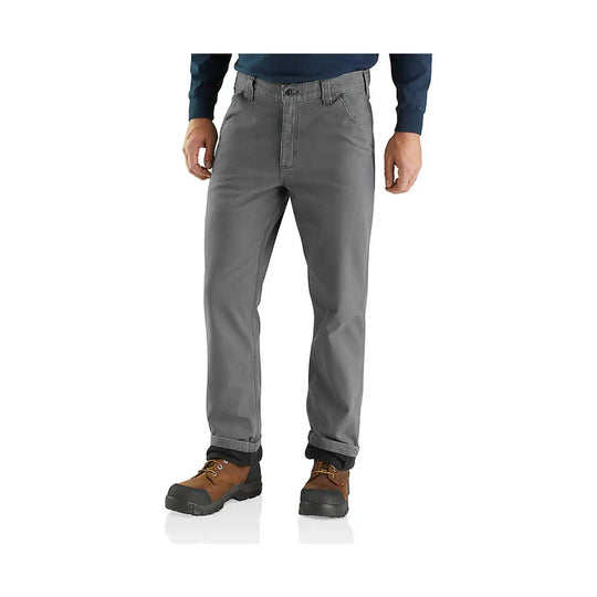 Gray straight-leg work pants with cuffed hems and a knit-lined waistband