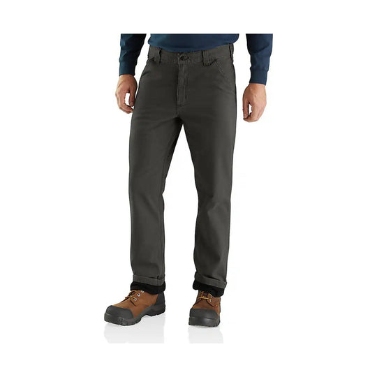 Dark gray straight-leg pants shown from the front with cuffed hems and worn with work boots