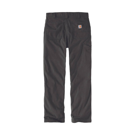 Dark straight-leg work pants with back pockets, side cargo pocket, and small logo patch