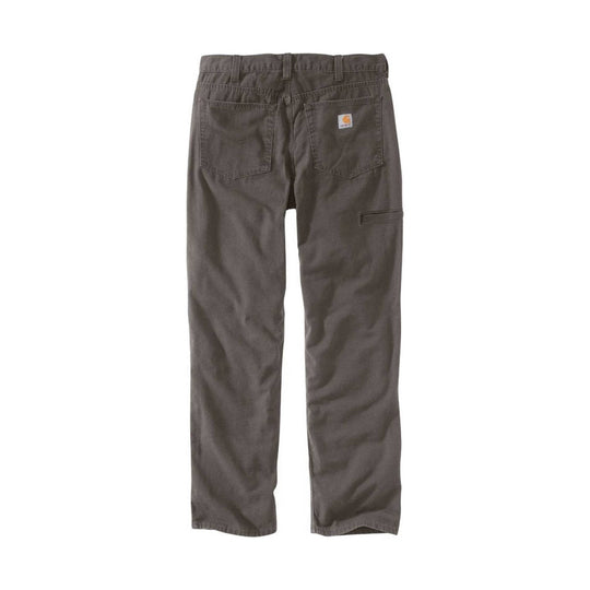 Gray five-pocket work pants with back patch pockets and a side cargo pocket