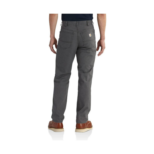 Gray five-pocket pants shown from the back with a straight-leg fit and a small logo patch on the rear pocket