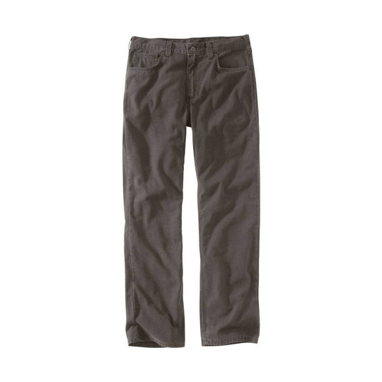 Dark gray five-pocket straight-leg pants