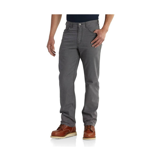 Gray five-pocket pants with straight legs, shown on a model with brown leather work shoes.