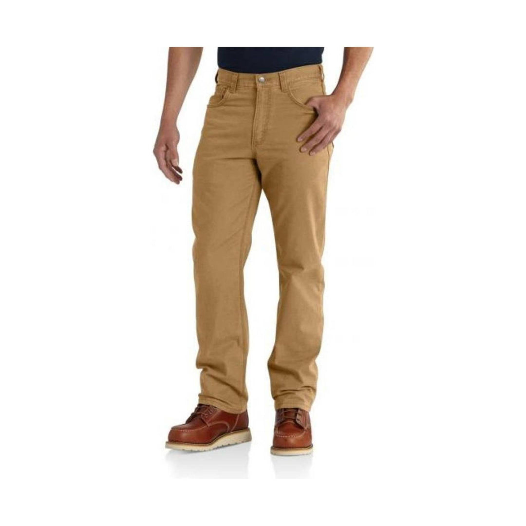 Tan five-pocket pants with a relaxed straight-leg fit