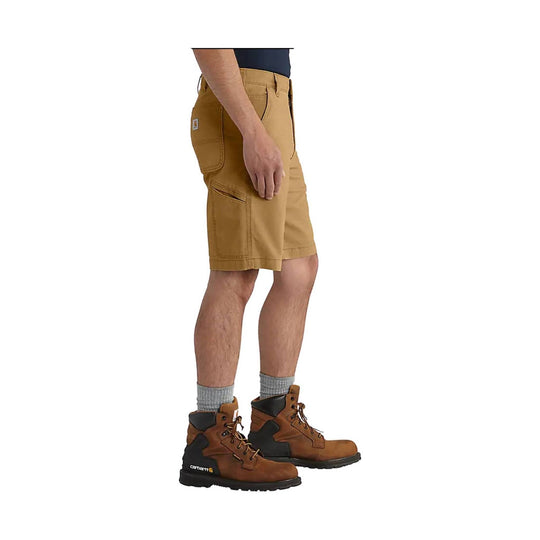 Tan work shorts shown with brown lace-up work boots