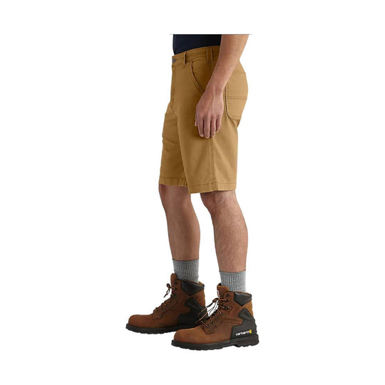 Tan work shorts with side cargo pocket, shown with brown-and-black work boots