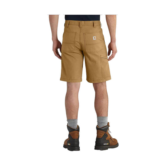 Tan work shorts with large back pockets and a side tool pocket, shown from the back