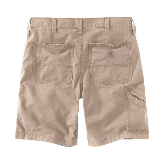 Tan canvas work shorts with large rear pockets and a utility side pocket