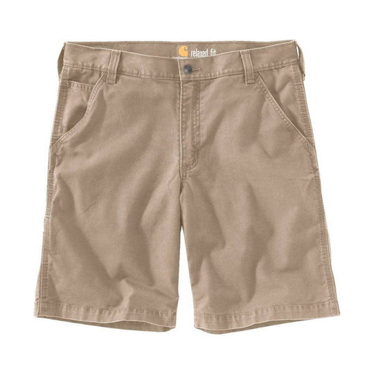 Tan relaxed-fit cargo shorts with front pockets and visible waistband branding