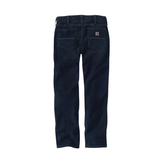 Dark wash straight-leg jeans shown from the back