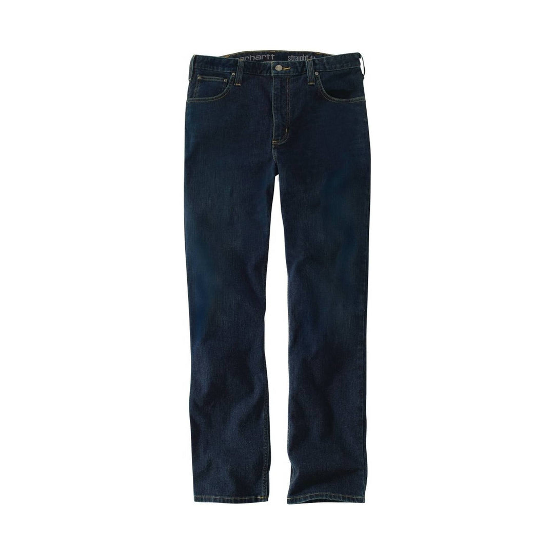 Dark wash straight-leg jeans with five pockets