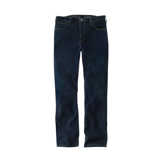 Dark wash straight-leg jeans with five pockets