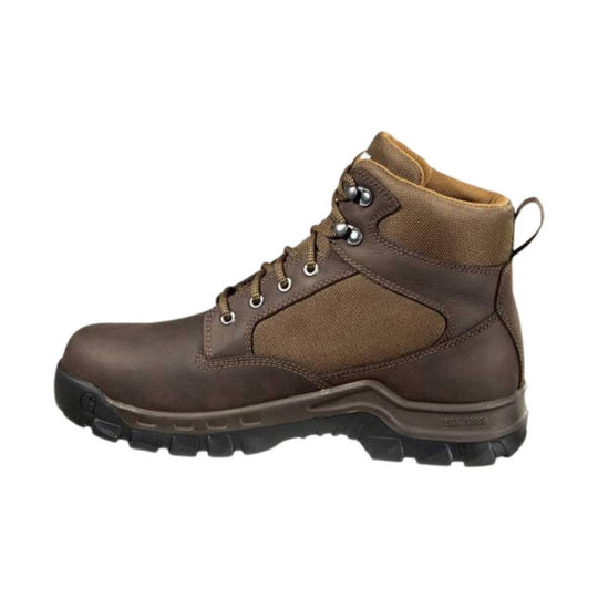 Brown leather work boot with tan canvas panels, lace-up front, and black lug sole