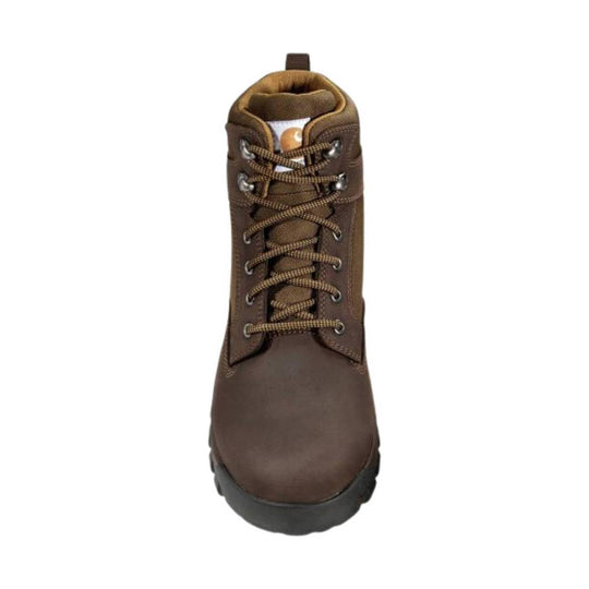 Brown lace-up work boot with a padded collar and black sole, shown from the front