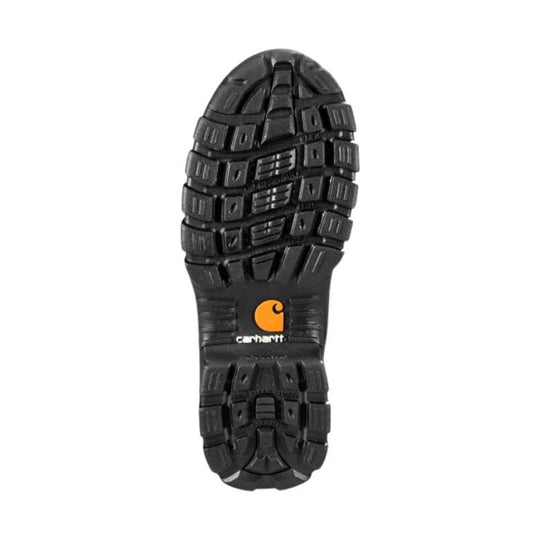 Black lugged work boot outsole with orange Carhartt logo