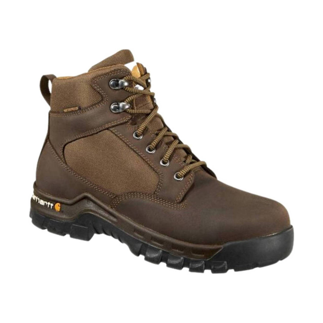 Brown lace-up work boot with a black treaded sole and visible Carhartt logo