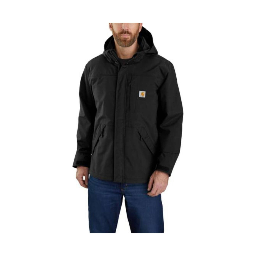 Black hooded rain jacket with zip front, chest pocket, and front hand pockets