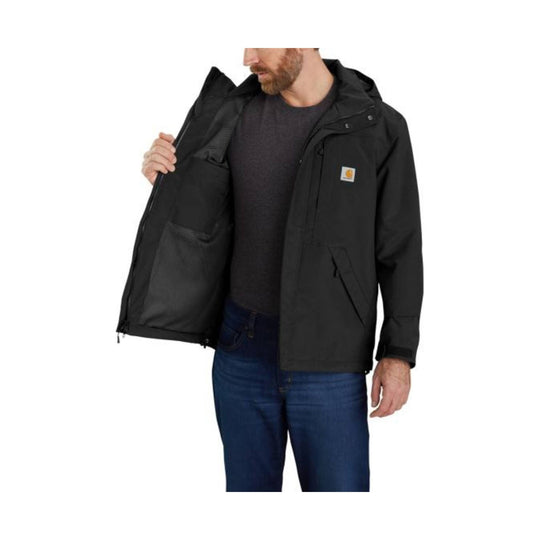 Black hooded rain jacket with zip front, chest logo patch, and side pockets