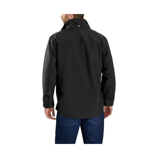 Black long-sleeve rain jacket shown from the back