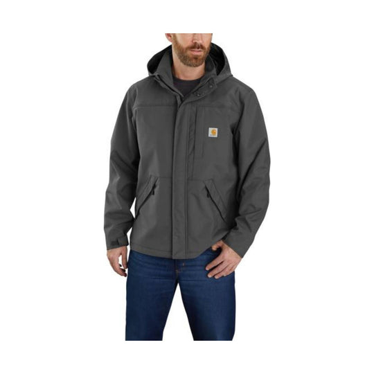 Dark gray hooded rain jacket with front zipper, chest pocket, and two front hand pockets