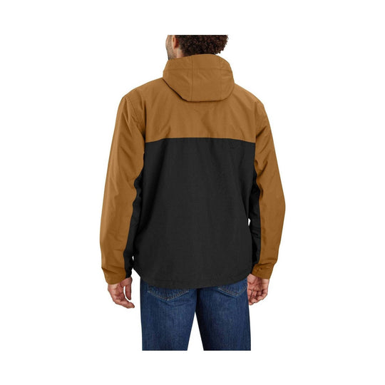 Two-tone hooded jacket with tan upper panels and black lower body, shown from the back