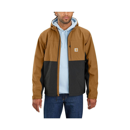 Brown and black hooded jacket worn over a light blue hoodie, shown front view