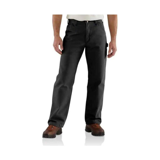 Black work pants with straight legs and utility pockets, worn with brown work boots