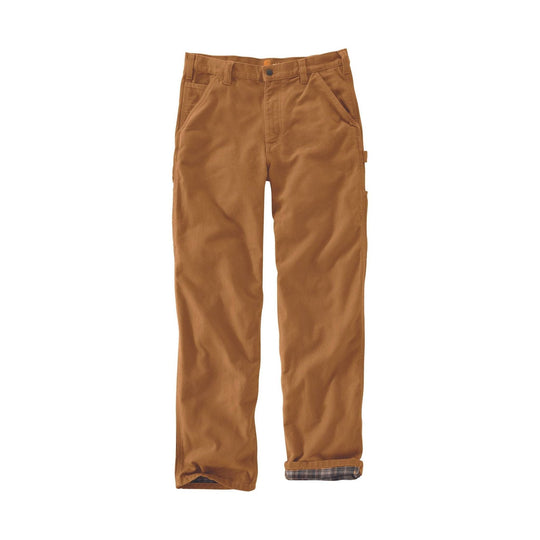 Brown work pants with reinforced pockets and plaid flannel lining at the cuffs