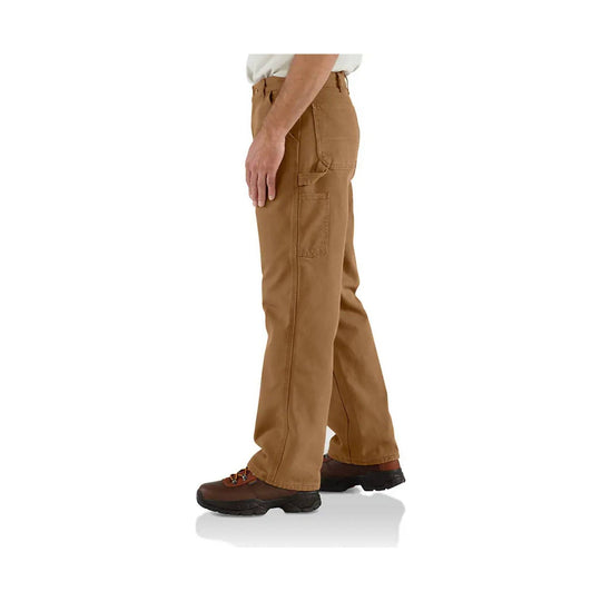Brown work pants shown in side view with cargo pockets and heavy-duty stitching