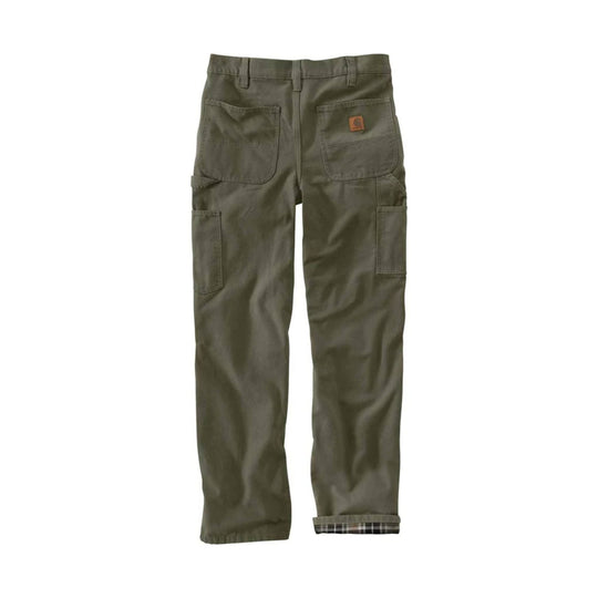 Olive work pants with large front and side pockets and a flannel-lined hem