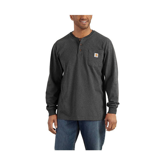 Dark charcoal long-sleeve henley shirt with three-button placket and chest pocket
