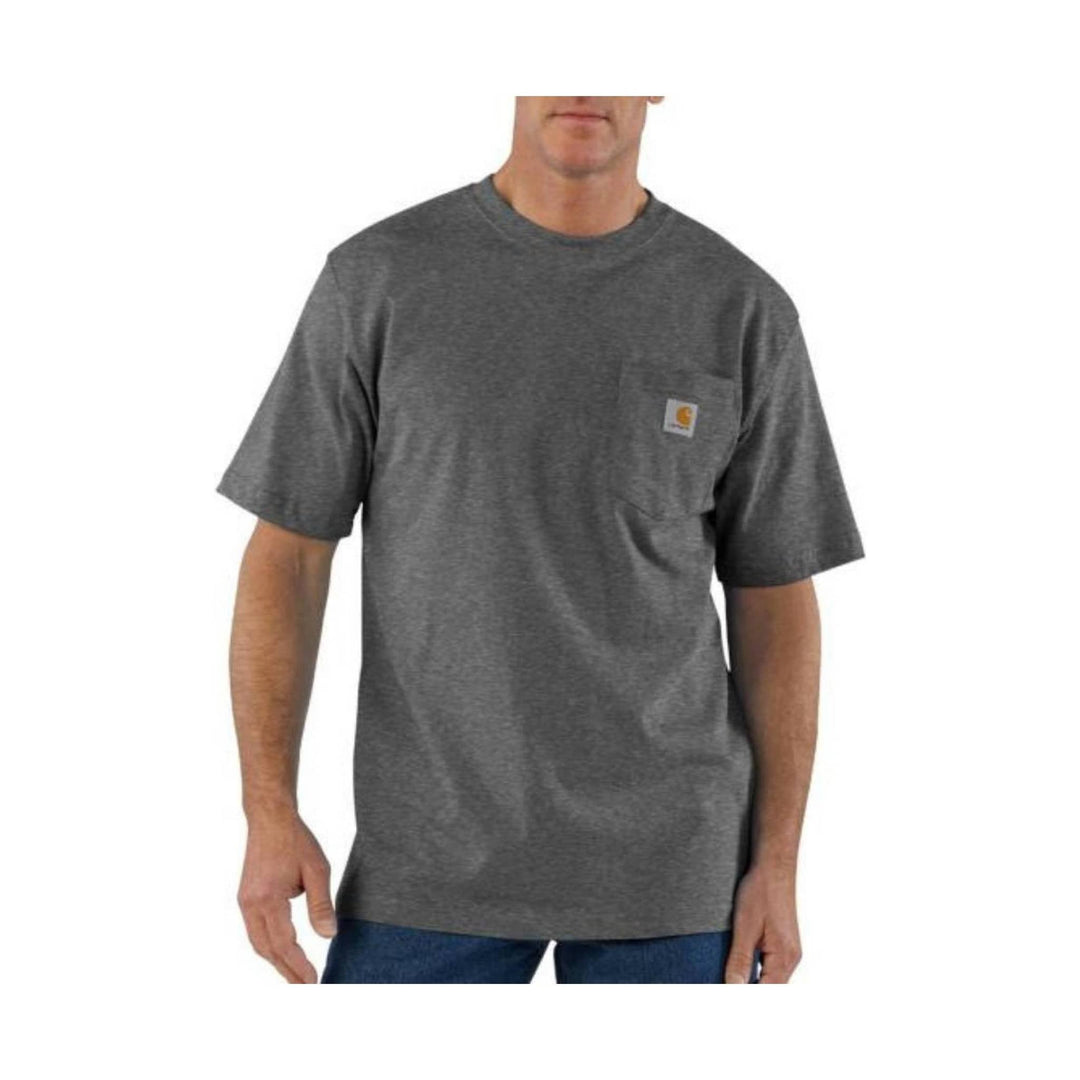 Charcoal gray short-sleeve pocket T-shirt with a small chest logo