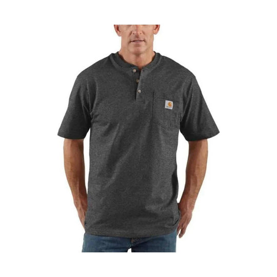 Dark charcoal short-sleeve henley shirt with a chest pocket and small logo patch