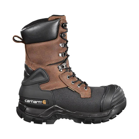 Brown and black lace-up work boot with a rubber toe cap, pull loop, and thick lug sole