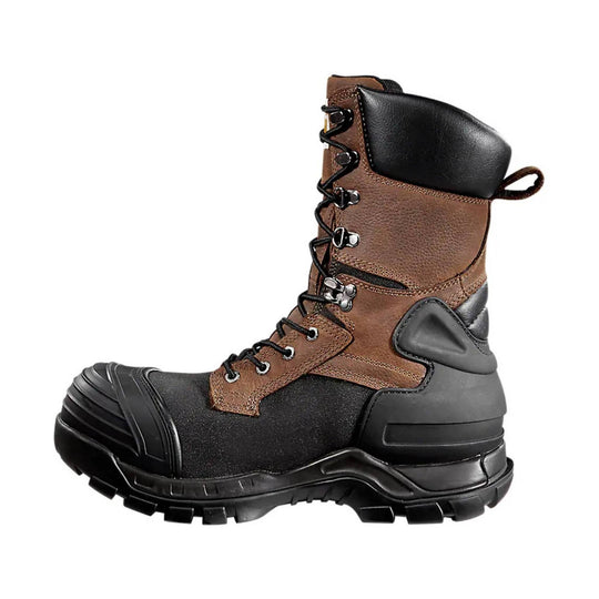 Brown and black insulated work boot with lace-up front, padded collar, and chunky treaded sole