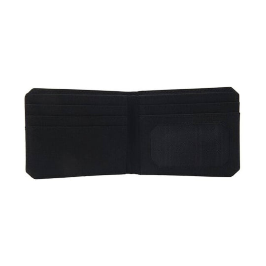 Black bi-fold wallet with multiple card slots and a mesh ID window
