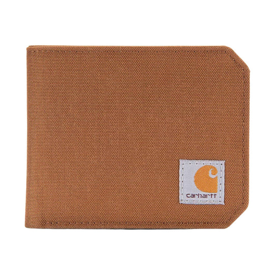 Brown canvas bifold wallet with a square logo patch on the front.