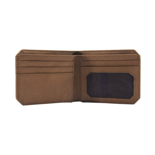 Brown bi-fold wallet with multiple card slots and a clear ID window