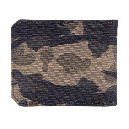Camouflage bifold wallet with a folded canvas exterior