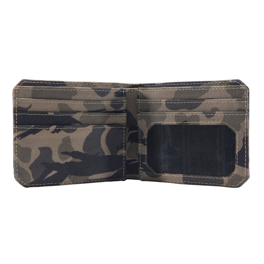 Camo bifold wallet with multiple card slots and a clear ID window