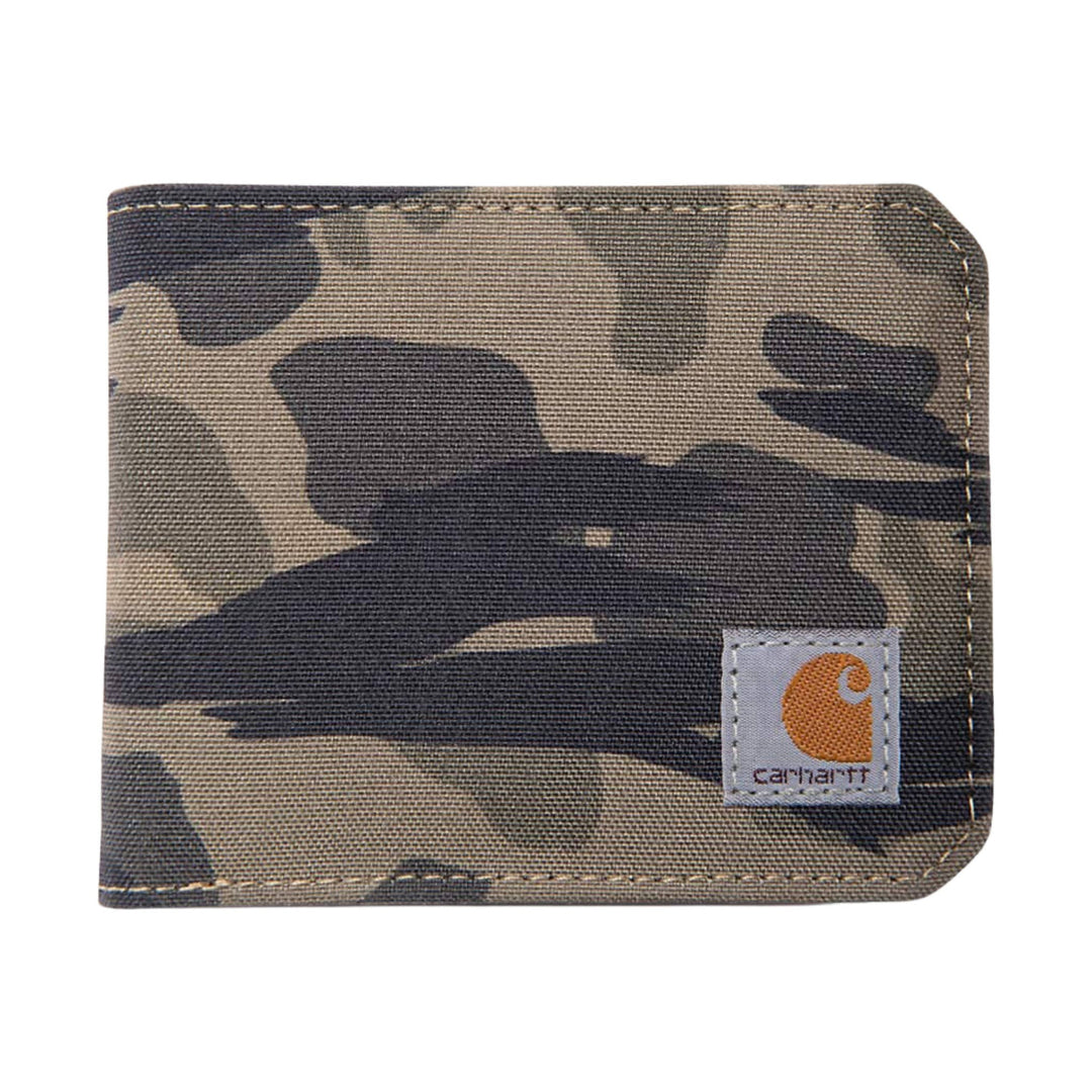 Camouflage bifold wallet with stitched edges and a Carhartt logo patch